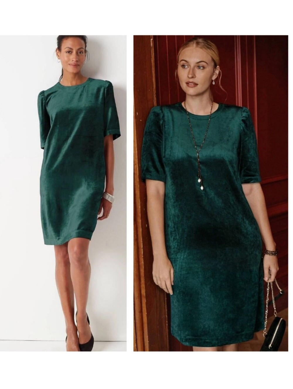 J. Jill Elegant Green Velvet Puff Sleeve Dress Sz 2X Prussia Blue Emerald Jewel